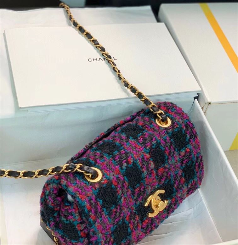 Mini Flap Bag Wool Tweed, Calfskin & Gold-Tone Metal - CB003