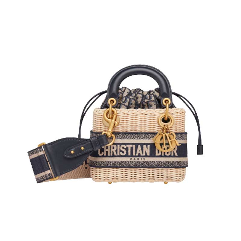 Mini Lady Dior bag Natural Wicker Blue Dior Oblique Jacquard - DB006