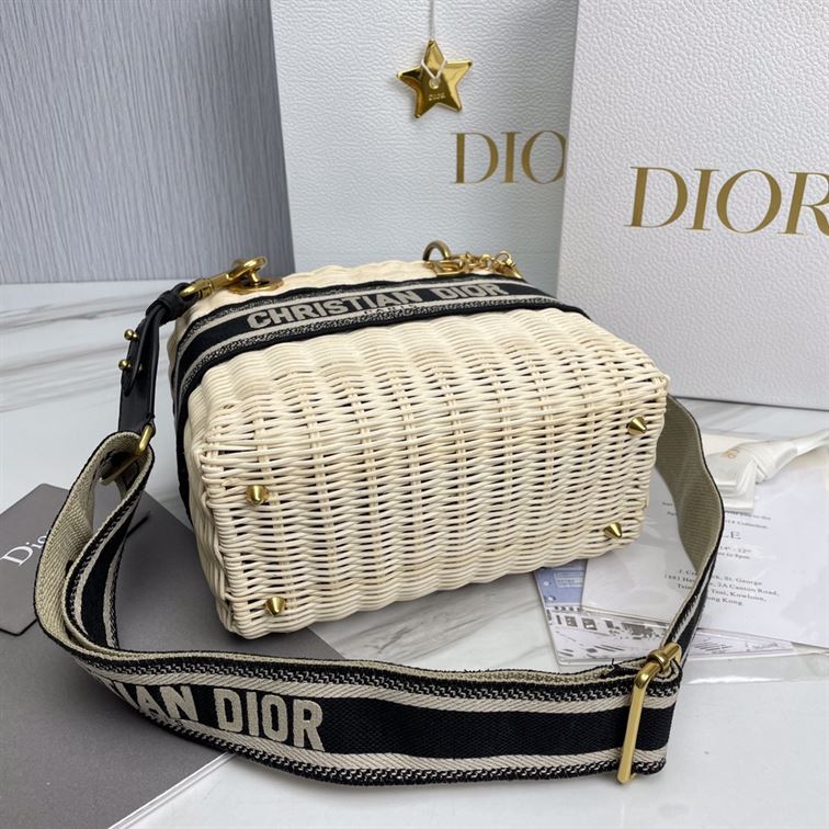 Mini Lady Dior bag Natural Wicker Blue Dior Oblique Jacquard - DB006