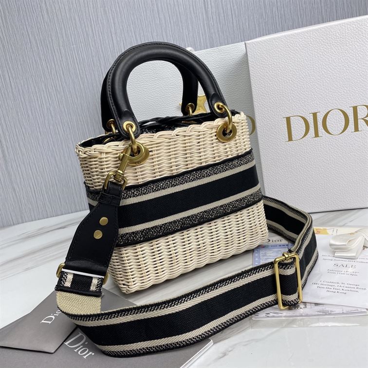 Mini Lady Dior bag Natural Wicker Blue Dior Oblique Jacquard - DB006