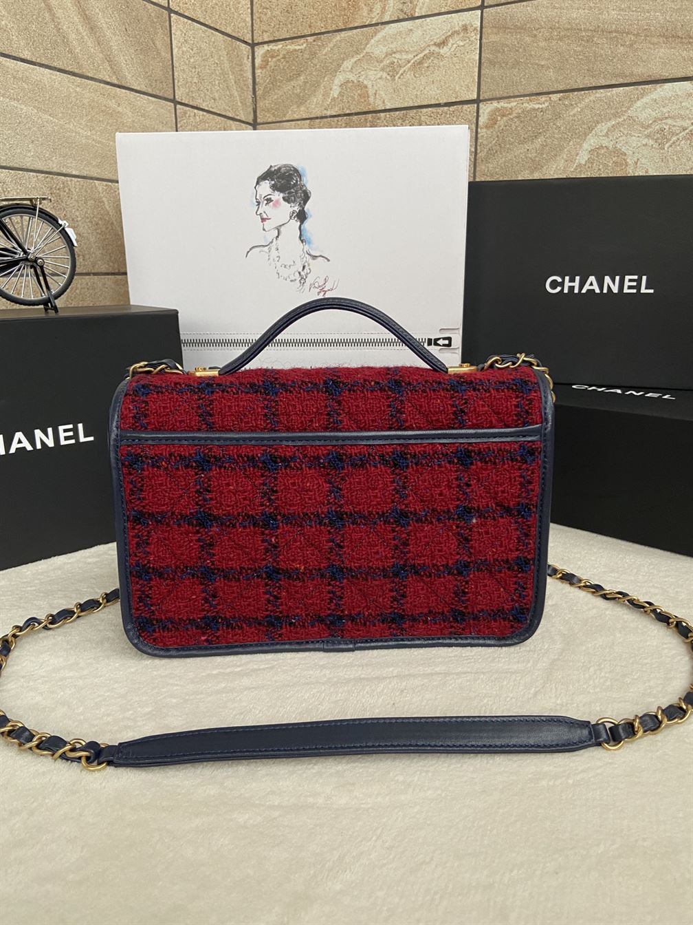 Small Flap Bag with Top Handle Red, Navy Blue & Multicolor - CB011