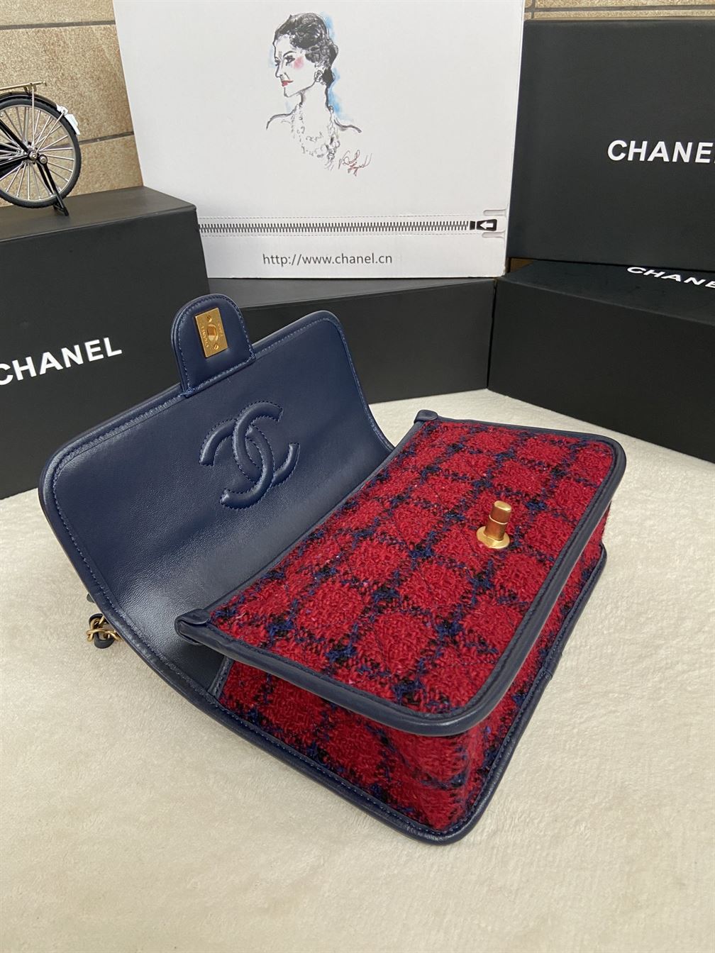 Small Flap Bag with Top Handle Red, Navy Blue & Multicolor - CB011