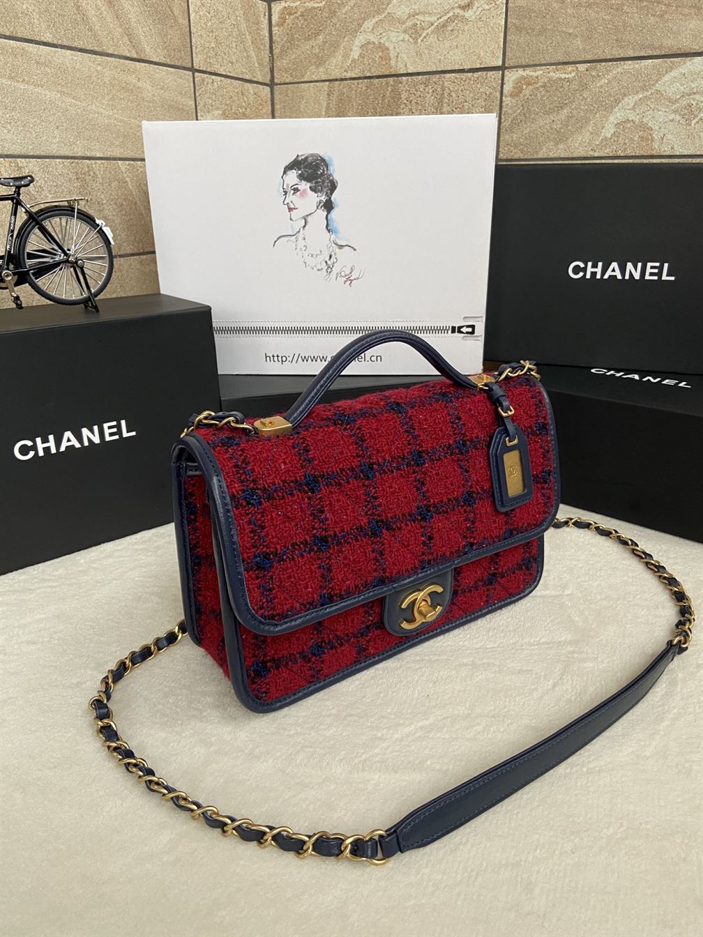 Small Flap Bag with Top Handle Red, Navy Blue & Multicolor - CB011