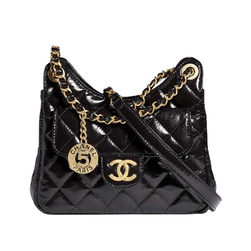 Small Hobo Bag Shiny Crumpled Calfskin & Gold-Tone Metal Black - CB014