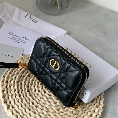 Dior Caro compact zipped wallet Black Calfskin - DB045
