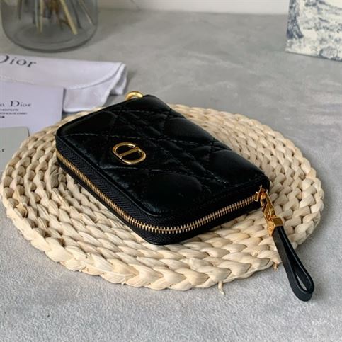 Dior Caro compact zipped wallet Black Calfskin - DB045