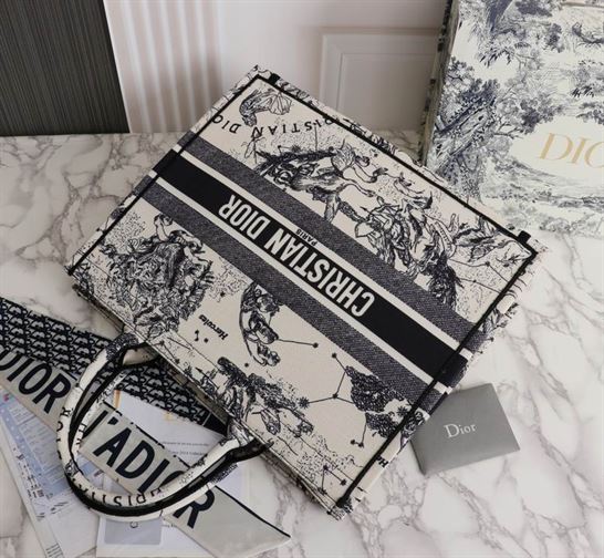 Large Dior Book Tote Latte Toile de Jouy Zodiac Embroidery - DB039
