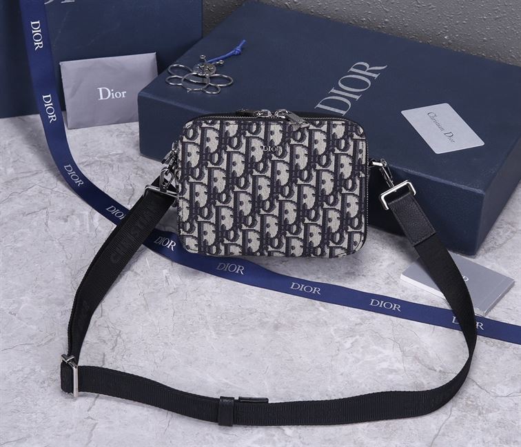 Pouch with shoulder strap Beige and Black Dior Oblique Jacquard - DB048