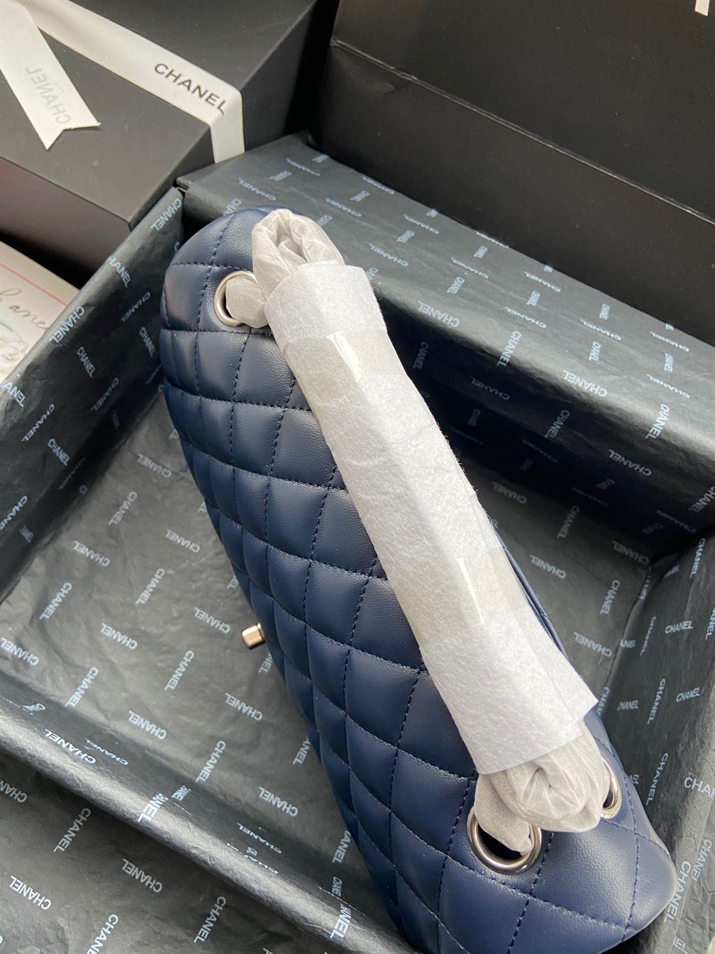 Satchel Navy Blue Grained Calfskin & Gold-Tone Metal - CB023