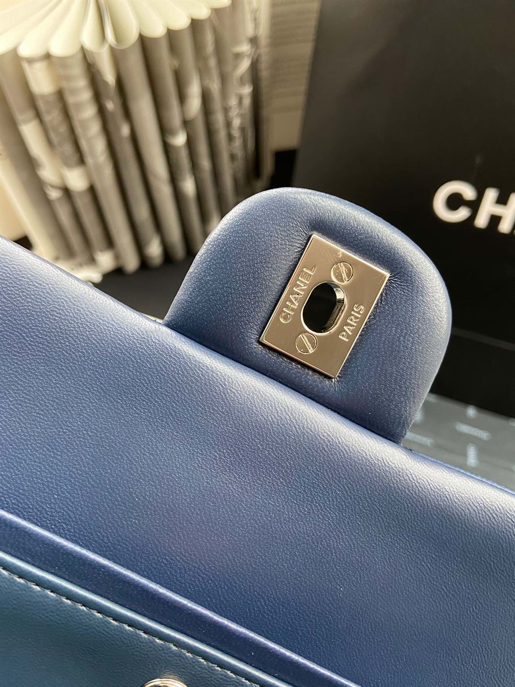 Satchel Navy Blue Grained Calfskin & Gold-Tone Metal - CB023