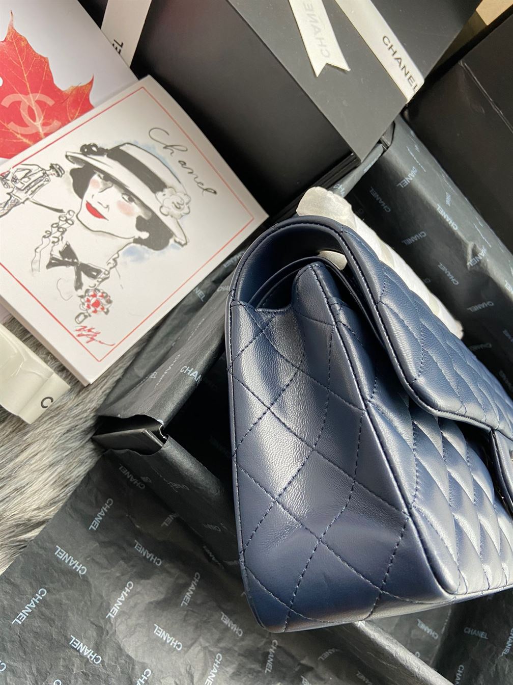 Satchel Navy Blue Grained Calfskin & Gold-Tone Metal - CB023