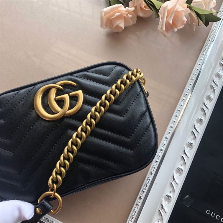 GG Marmont mini shoulder bag Black matelassé chevron leather  - GB146