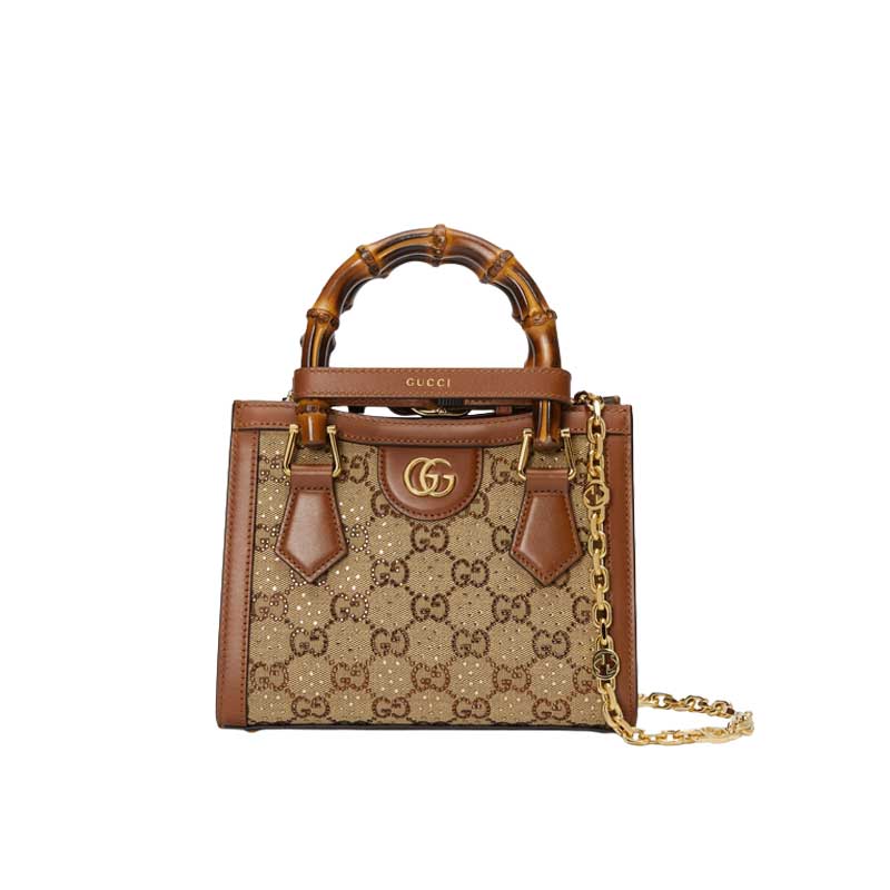 Gucci Diana mini tote bag Camel and ebony GG canvas with crystals - GB174