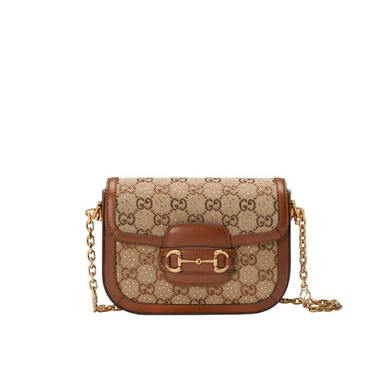 Gucci Horsebit 1955 GG mini bag Camel ebony canvas with crystals - GB136