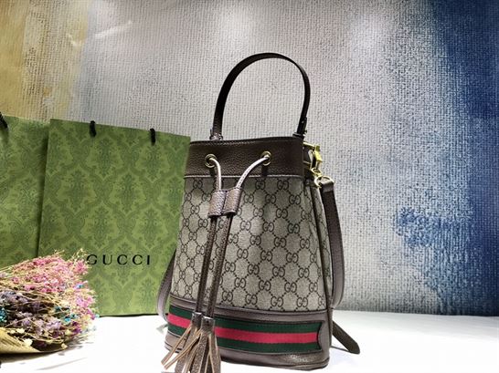 Ophidia GG small bucket bag Beige/ebony Brown leather trim - GB085