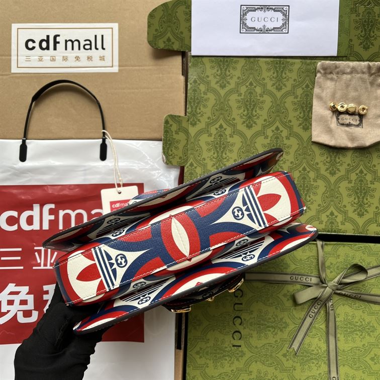 adidas x G*u*i horsebit 1955 shoulder bag trefoil print blue and red leather - gb093