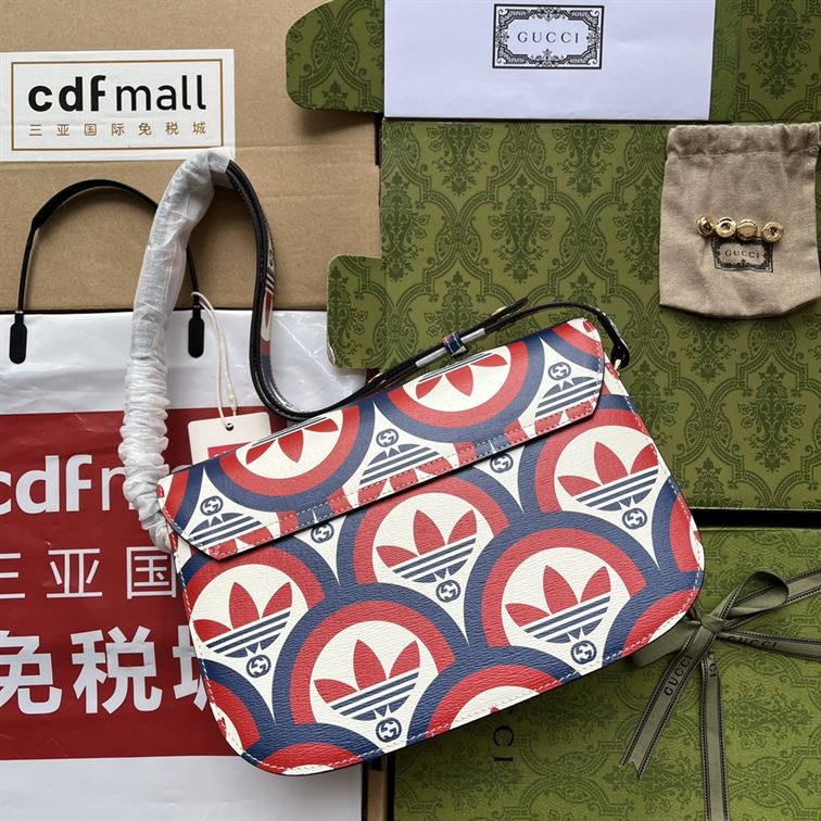 adidas x G*u*i horsebit 1955 shoulder bag trefoil print blue and red leather - gb093