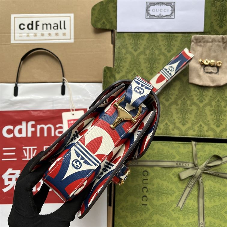 adidas x G*u*i horsebit 1955 shoulder bag trefoil print blue and red leather - gb093