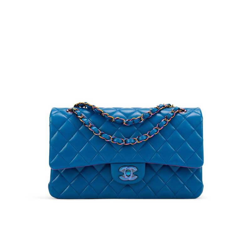 Chanel Classic Medium Blue Lambskin Rainbow Hardware - CB031