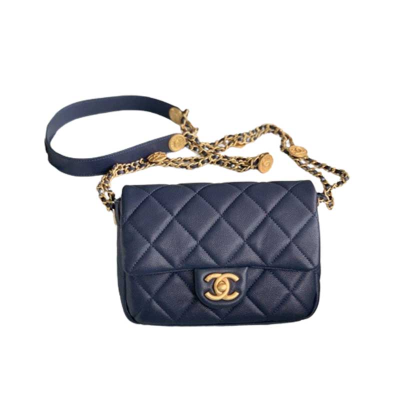 Chanel Mini Flap Bag Navy Blue Shiny Calfskin Gold-Tone Metal - CB044