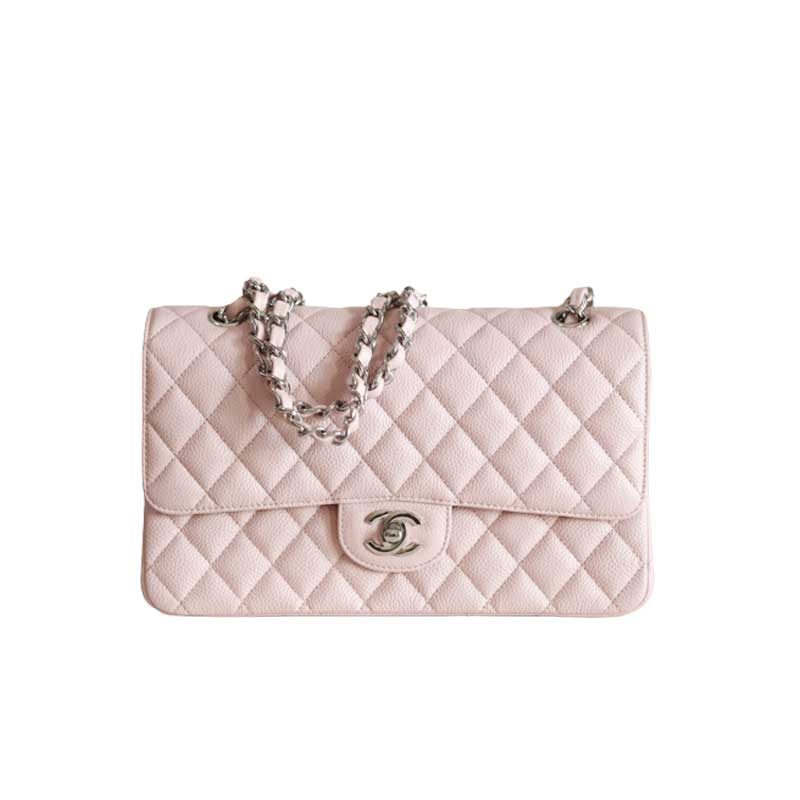 Classic Medium Double Flap Rose Clair Quilted Caviar silver hardware - CB040