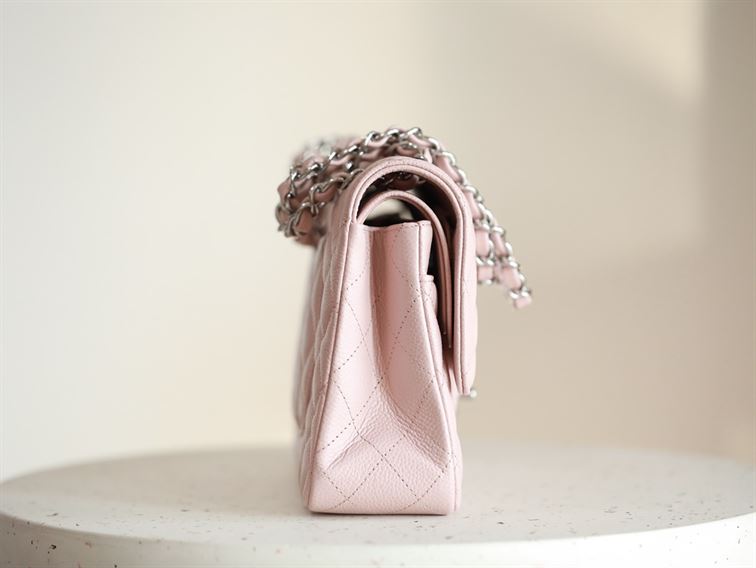 Classic Medium Double Flap Rose Clair Quilted Caviar silver hardware - CB040