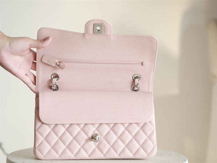 Classic Medium Double Flap Rose Clair Quilted Caviar silver hardware - CB040