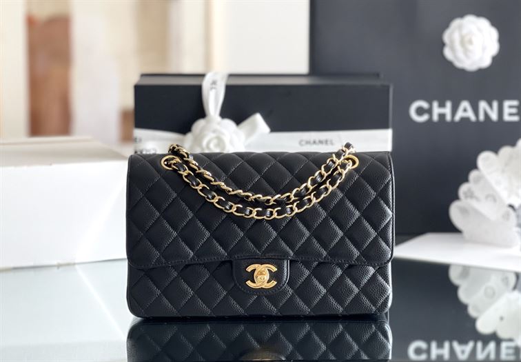 Quilted Caviar Leather Gold-Tone Black Classic Double Flap Bag - CB035