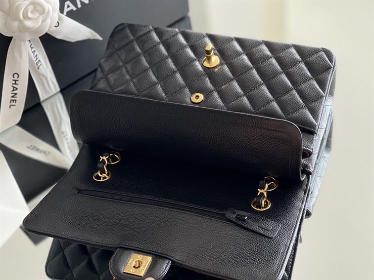 Quilted Caviar Leather Gold-Tone Black Classic Double Flap Bag - CB035