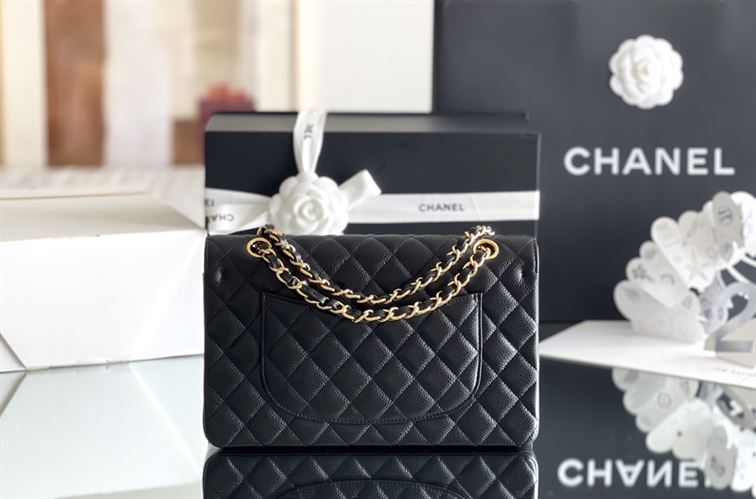 Quilted Caviar Leather Gold-Tone Black Classic Double Flap Bag - CB035