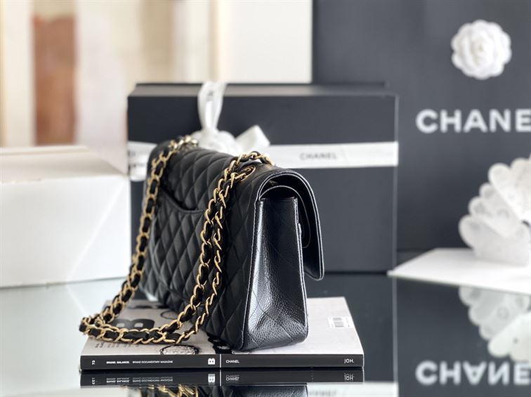 Quilted Caviar Leather Gold-Tone Black Classic Double Flap Bag - CB035