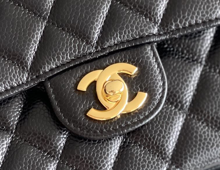 Quilted Caviar Leather Gold-Tone Black Classic Double Flap Bag - CB035