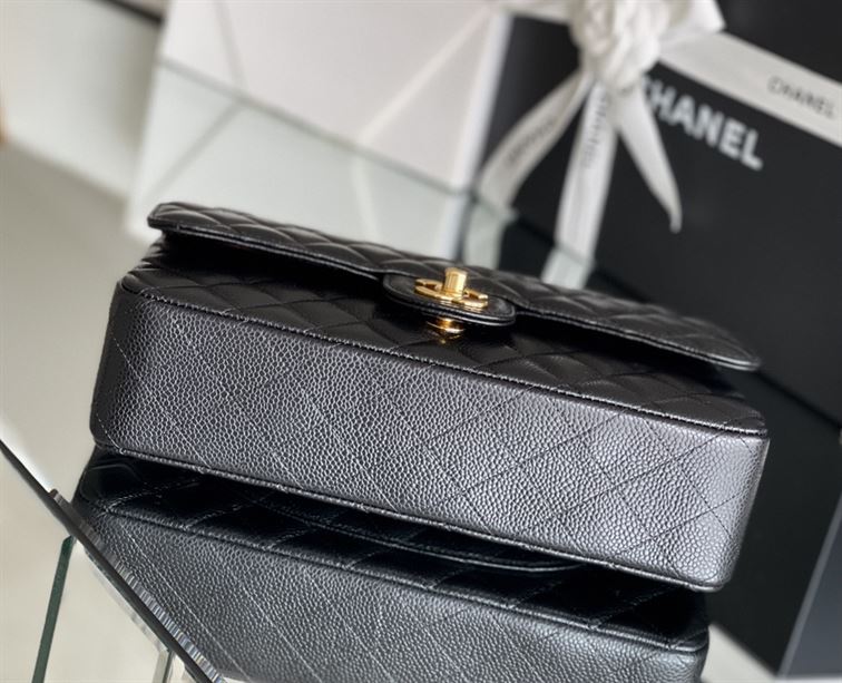 Quilted Caviar Leather Gold-Tone Black Classic Double Flap Bag - CB035