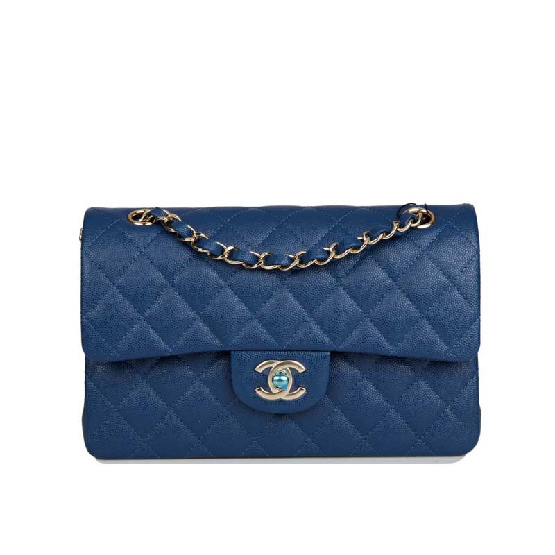 Quilted Caviar Leather Gold-Tone Dark Blue Classic Double Flap Bag - CB037