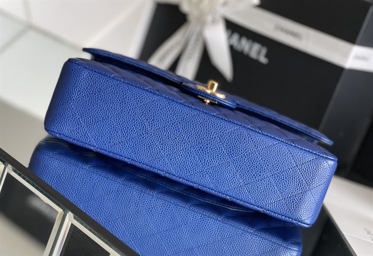 Quilted Caviar Leather Gold-Tone Dark Blue Classic Double Flap Bag - CB037