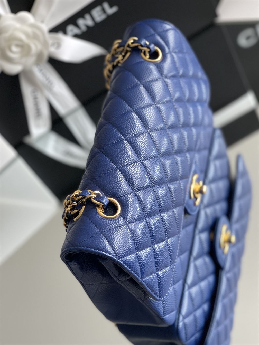 Quilted Caviar Leather Gold-Tone Dark Blue Classic Double Flap Bag - CB037