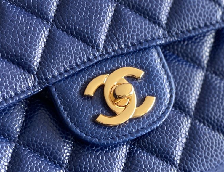 Quilted Caviar Leather Gold-Tone Dark Blue Classic Double Flap Bag - CB037