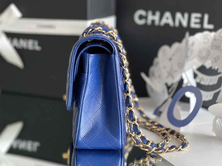 Quilted Caviar Leather Gold-Tone Dark Blue Classic Double Flap Bag - CB037