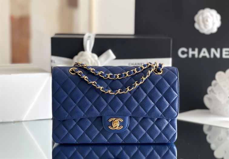 Quilted Caviar Leather Gold-Tone Dark Blue Classic Double Flap Bag - CB037