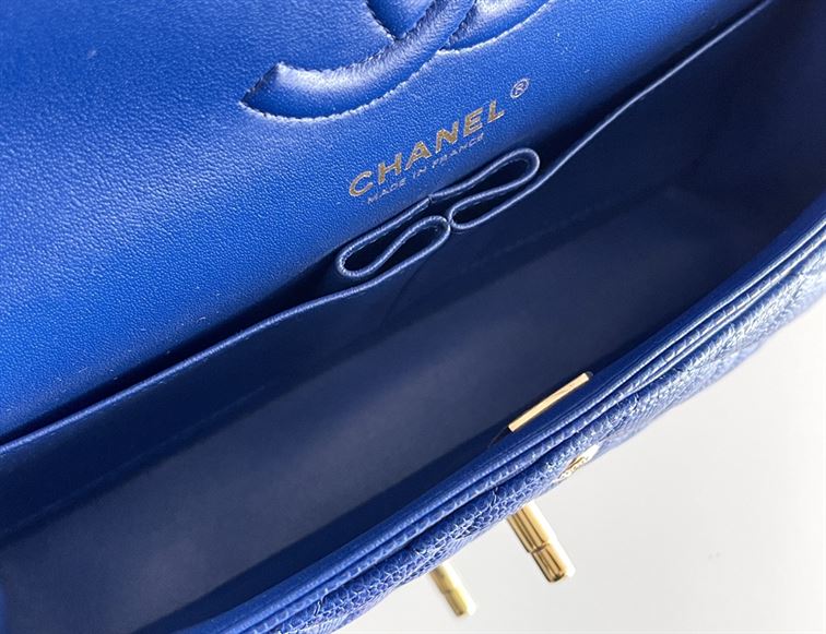 Quilted Caviar Leather Gold-Tone Dark Blue Classic Double Flap Bag - CB037