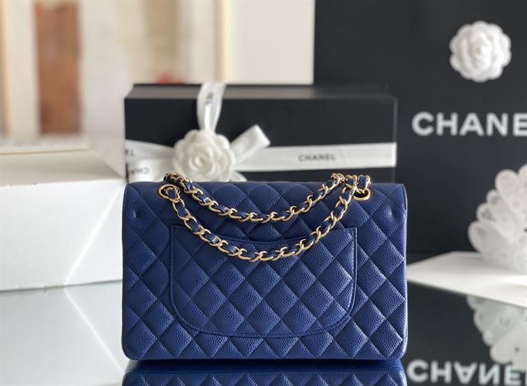 Quilted Caviar Leather Gold-Tone Dark Blue Classic Double Flap Bag - CB037