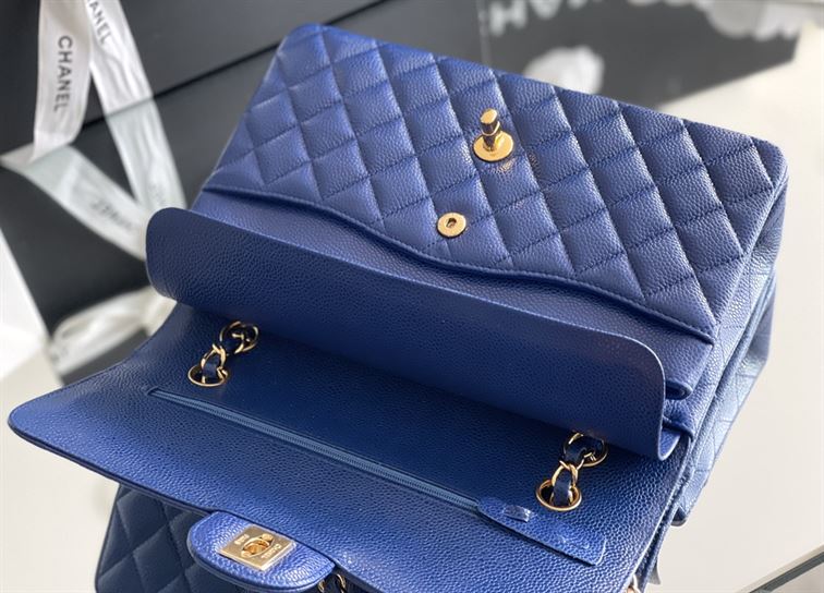 Quilted Caviar Leather Gold-Tone Dark Blue Classic Double Flap Bag - CB037