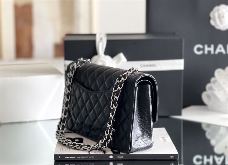 Quilted Caviar Leather Silver-tone Black Classic Double Flap Bag - CB036