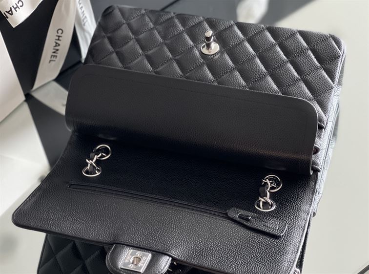 Quilted Caviar Leather Silver-tone Black Classic Double Flap Bag - CB036