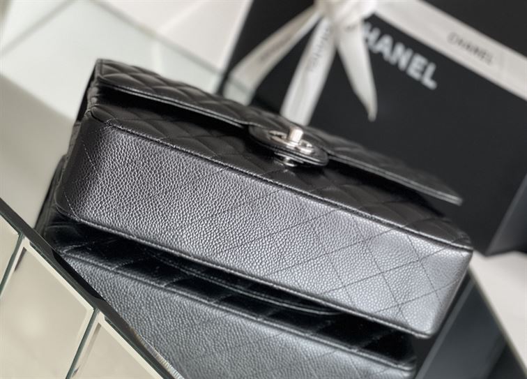 Quilted Caviar Leather Silver-tone Black Classic Double Flap Bag - CB036