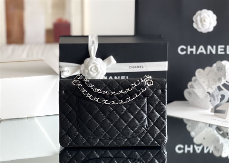 Quilted Caviar Leather Silver-tone Black Classic Double Flap Bag - CB036