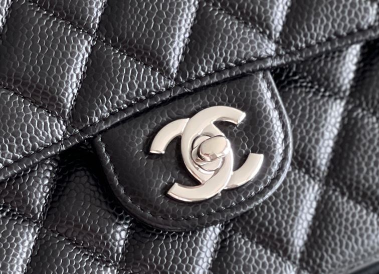 Quilted Caviar Leather Silver-tone Black Classic Double Flap Bag - CB036