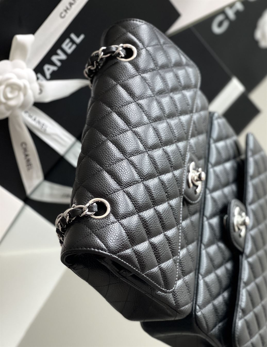 Quilted Caviar Leather Silver-tone Black Classic Double Flap Bag - CB036