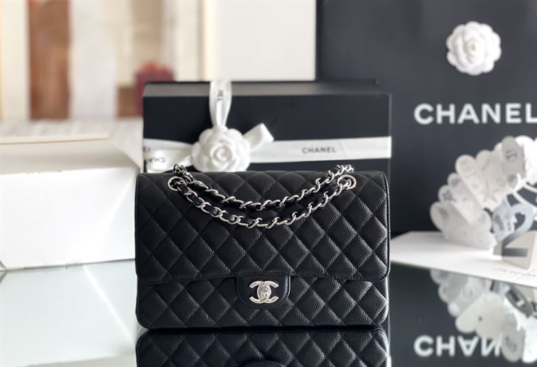 Quilted Caviar Leather Silver-tone Black Classic Double Flap Bag - CB036
