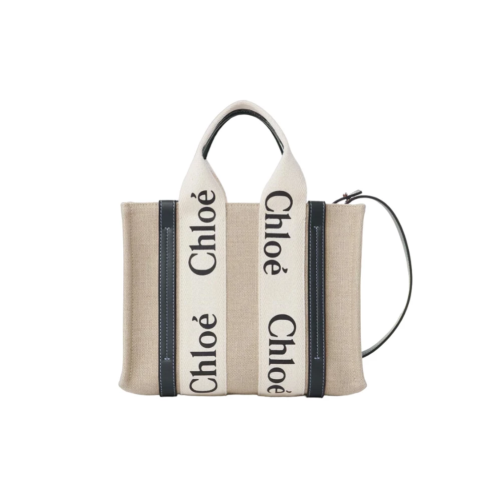 Chloé Small Woody Tote Bag Linen canvas Calfskin With Chloé Logo - MB019